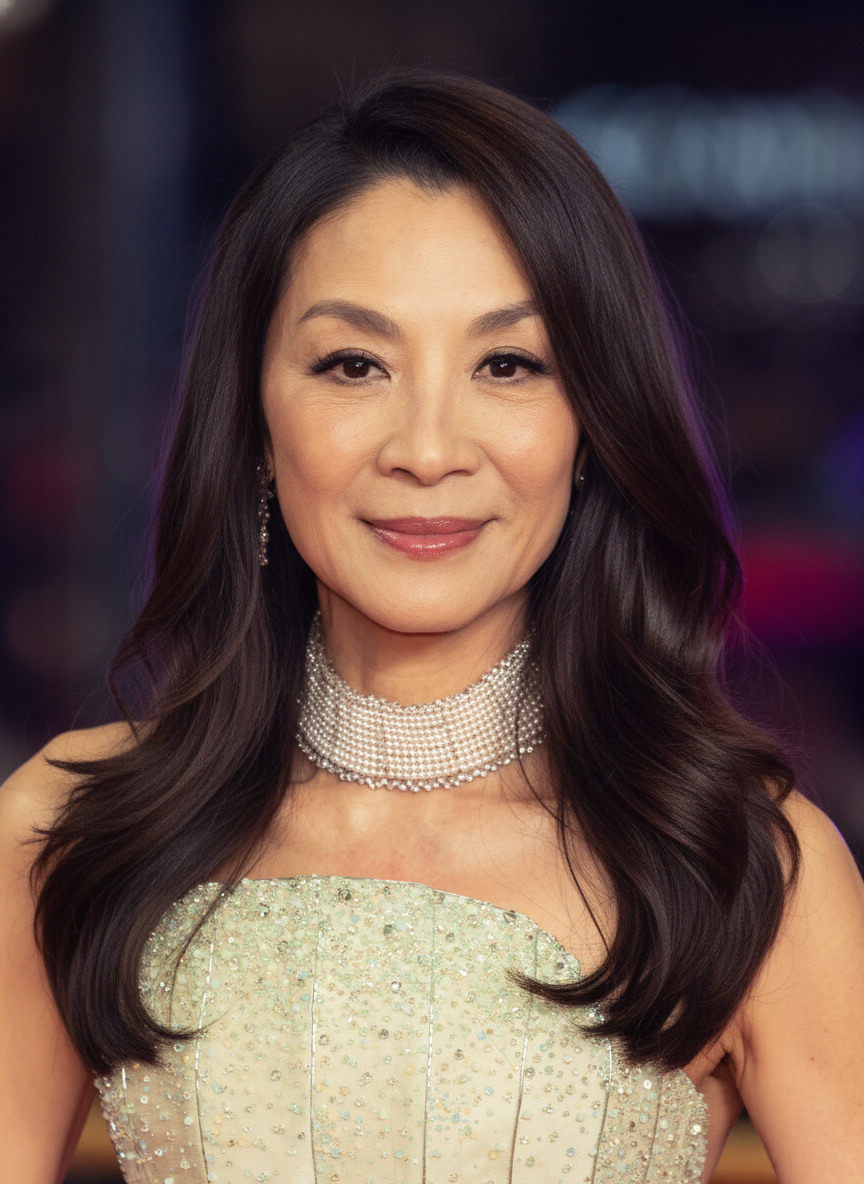 AI-generated image of Michelle Yeoh with long layers and soft waves